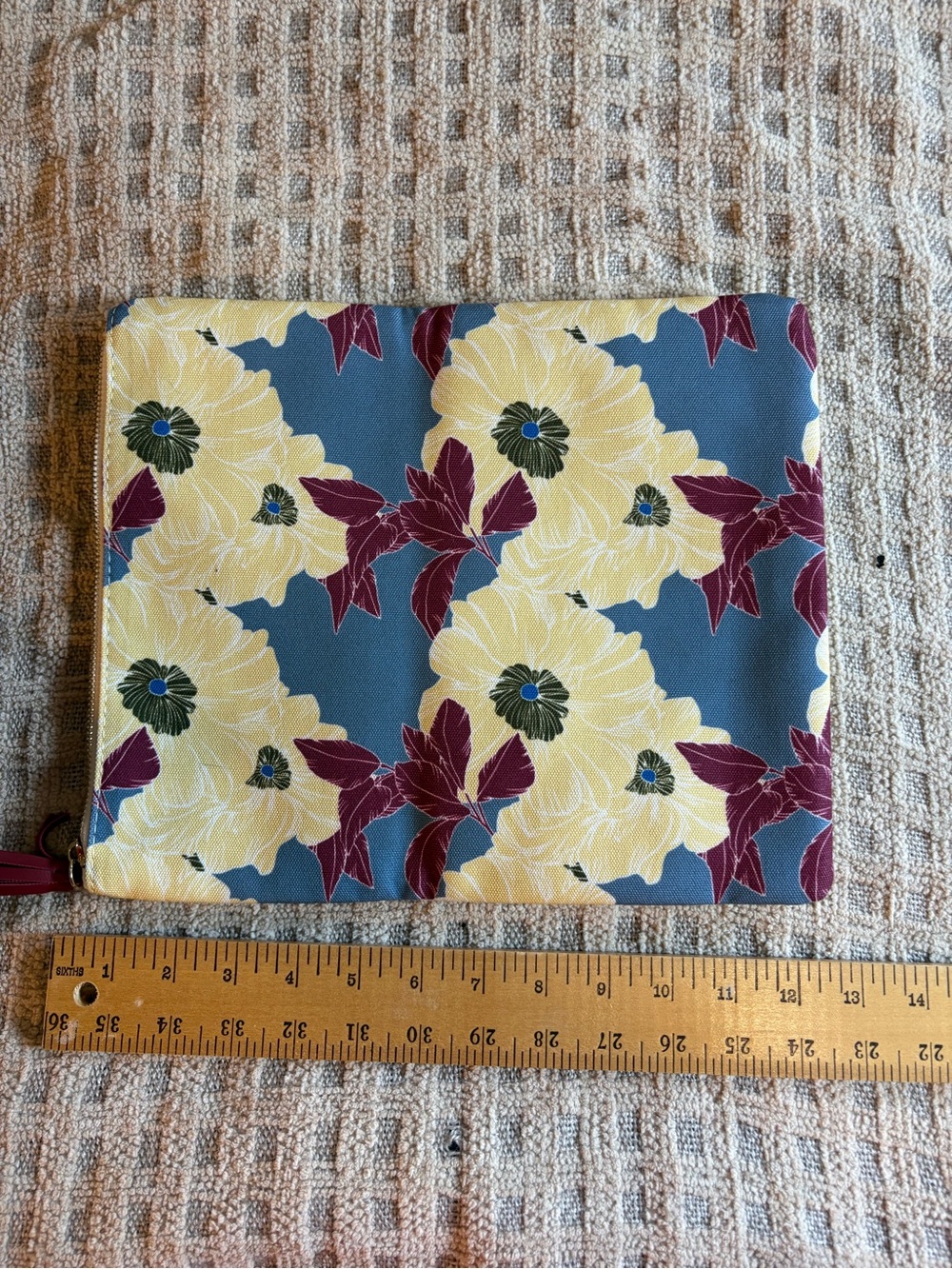 Rachel Pally Blue Floral Zip Pouch with Yellow Flowers and Burgundy Leaves